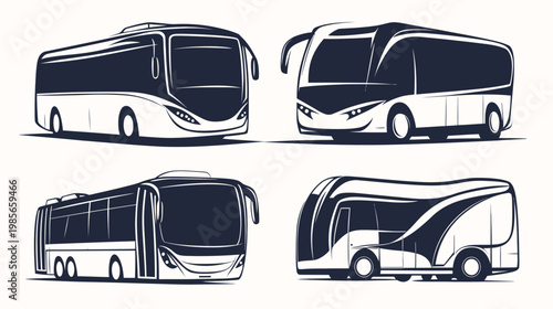 Four black and white illustrations of different stylized bus designs, each on a white background