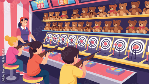 Happy children playing at a carnival shooting gallery aiming rifles at targets while a smiling employee manages the booth filled with teddy bears.
