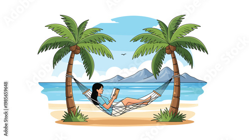 Young woman relaxing in a hammock tied between two palm trees on a tropical beach while reading a book with mountains and sea in the background.