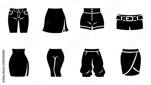 Variety of skirt and shorts icons arranged on dark background