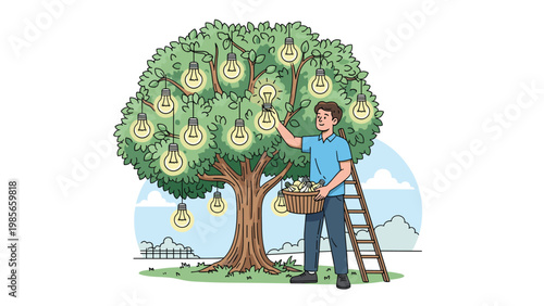 Man standing on a ladder picking glowing light bulbs from a lush green tree as if they were fruit symbolizing new ideas and creative thinking.