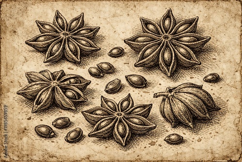 Vintage botanical of star anise pods and seeds on parchment