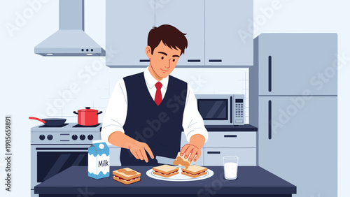 Young man in a shirt and vest preparing peanut butter sandwiches in a clean modern kitchen with a refrigerator, stove, and microwave.