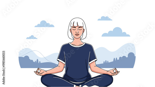 Young woman with short white hair practicing yoga in a lotus position outdoors against a peaceful landscape of mountains and clouds.