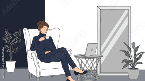 Sophisticated woman relaxing in a white armchair drinking coffee and looking at a laptop in a stylish room with potted plants and mirror.