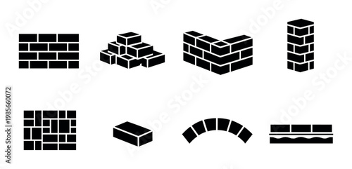 Brick and masonry icons showing blocks and patterns on gray background