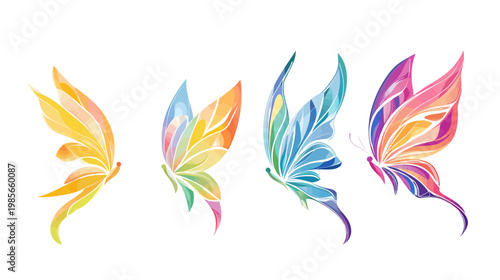 Four stylized butterflies with colorful wings against a white background. Watercolor art style