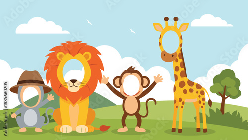 Fun photo booth prop board for kids featuring cartoon animal bodies of a lion, giraffe, monkey, and elephant with cutouts for faces.