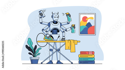 Advanced domestic robot with multiple arms performing household chores like ironing and cleaning in a modern living room setting.