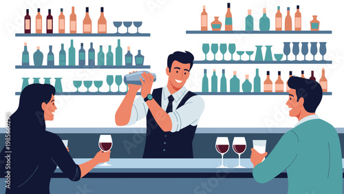 Professional bartender shaking a cocktail at a stylish bar for a male and female customer sitting at the counter with shelves of bottles.