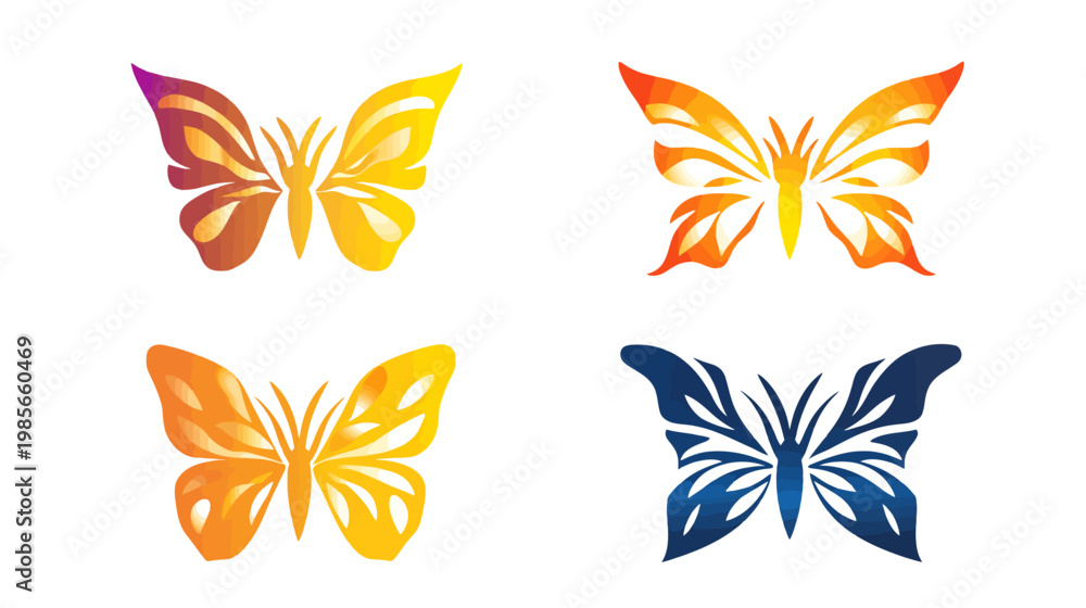 Obraz premium Four butterfly-shaped illustrations, each with color gradients, set against a plain white background