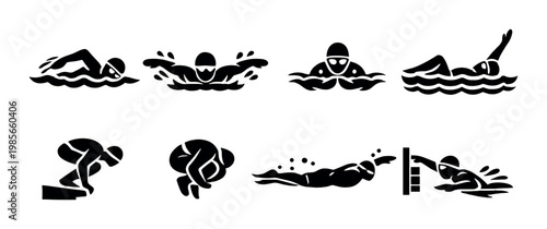Multiple swimmers performing strokes in pool setting