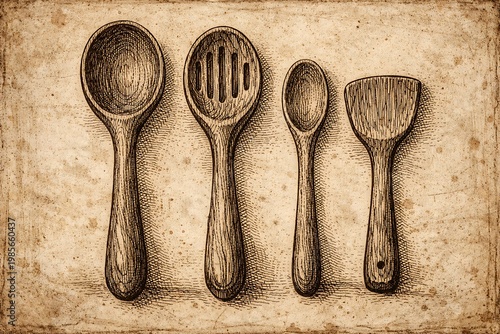 Vintage wooden kitchen utensils on parchment background spoons