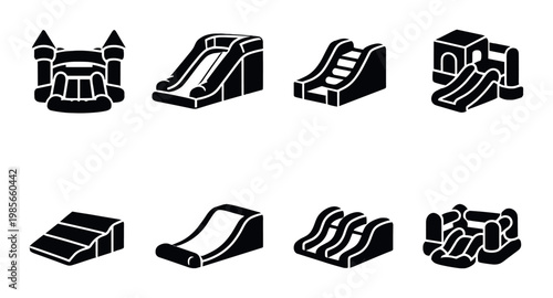 Inflatable play structures icons arranged on gray background