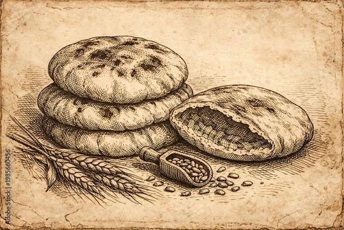 Vintage of stacked flatbreads with seeds and wheat scoop