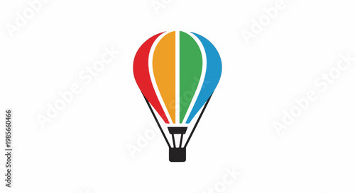 A colorful hot air balloon with red, orange, green, and blue panels ascends