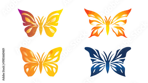 Four butterfly-shaped illustrations, each with color gradients, set against a plain white background
