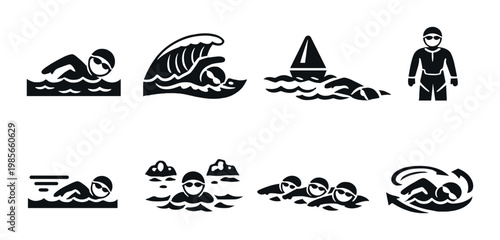 Open water swimming and lifeguard icons showing coastal activity