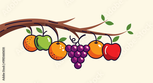 A colorful illustration of fruits hanging from a tree branch