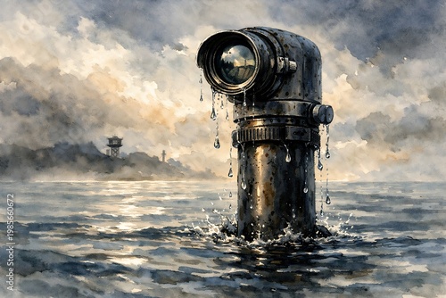Watercolor camera pipe in ocean with lighthouse