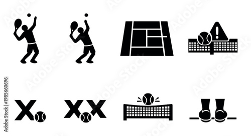 Tennis players and court icons arranged on gray background