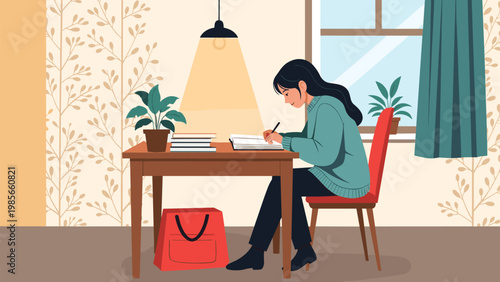 Focused student girl sitting at a desk and writing in her notebook while studying under a lamp in a cozy room with wallpaper.