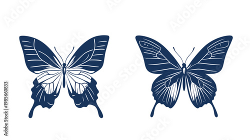 Two dark blue butterfly illustrations on white. Each butterfly presents detailed wing patterns