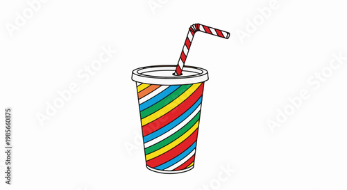 A colorful, striped disposable cup with a bent straw