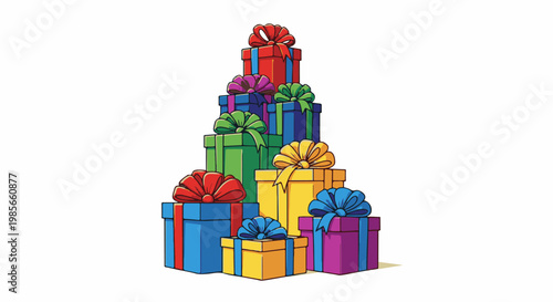 A colorful, stacked pile of wrapped presents with ribbons