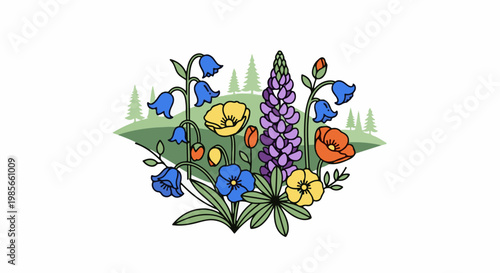 A colorful wildflower meadow with lupine, poppies, and bluebells