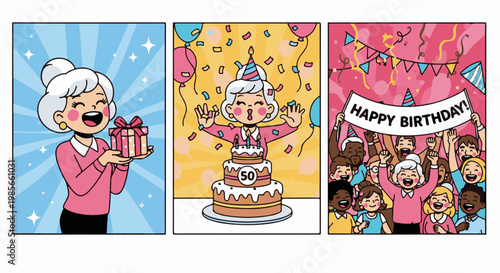 A comic strip depicts a woman receiving gifts, celebrating with cake, and a crowd