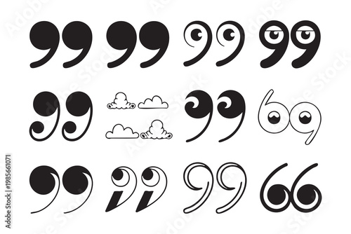 Set of decorative quotation marks in various cartoon and graphic styles for creative writing icons