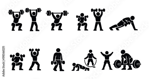 Silhouettes performing weightlifting and dumbbell exercises indoors