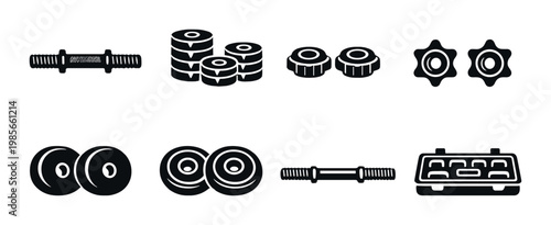 Dumbbell and weight plate components arranged on gray background