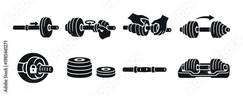 Step by step assembly of adjustable dumbbell on gray background