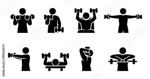 Silhouette icons showing dumbbell exercises and upper body movements