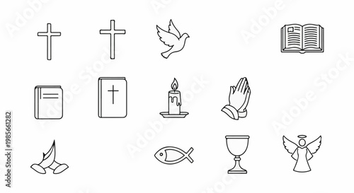 A collection of religious icons with crosses, books, dove, candle, hands, fish, chalice, angel
