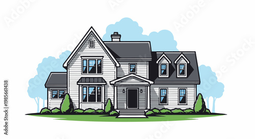 A charming, two-story suburban house with a prominent gabled roof and dormer windows