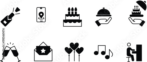 Celebration and event planning icons set, 10 black solid vector elements for birthday party and wedding, anniversary and catering service symbols