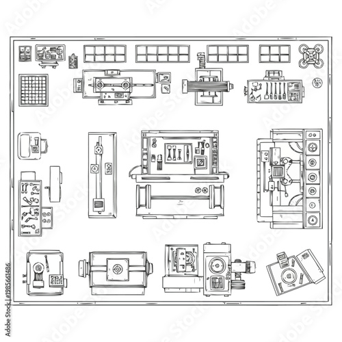 Detailed overhead perspective of an organized engineering workshop layout showcasing various machinery and tools illustrating a systematic industrial environment for manufacturing and