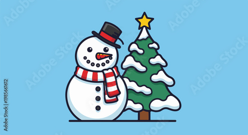 A cartoon snowman in a scarf and hat beside a snow-covered Christmas tree