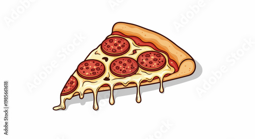 A cartoon slice of pepperoni pizza with melting cheese