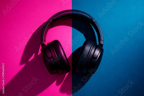 Black headphones on pink and blue background with shadow