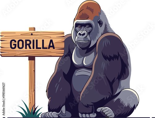 Gorilla sitting beside wooden sign illustration, powerful primate wildlife character in jungle environment, detailed animal design for zoo and nature concept