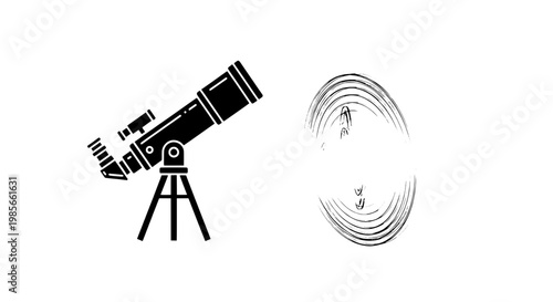 Telescope with tripod and moon illustration with craters and lines featuring astronomy, space, science with vector and black elements for icon,