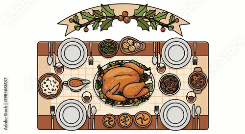 A festive holiday feast table setting with turkey, sides, and drinks
