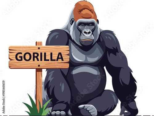 Gorilla with wooden sign illustration, strong wildlife animal character in jungle setting, detailed primate design for nature and zoo concept in vector style