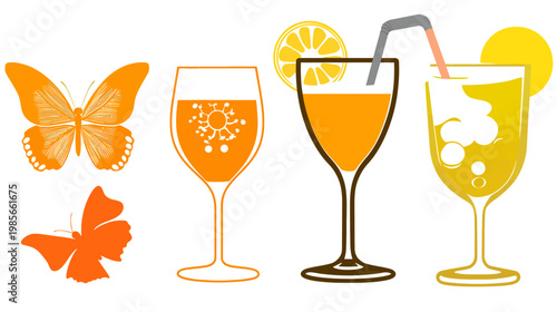 Colorful digital illustration showcasing a butterfly, beverage glasses, and various drinks with fruit