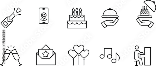 Minimalist party and celebration line icons set, 10 black outline vector elements for event planning, birthday and wedding anniversary symbols