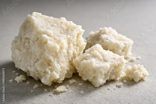 Closeup of crumbly white cheese chunks on gray surface